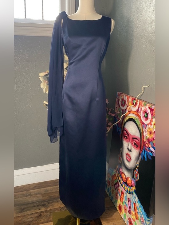 Michaelangelo Dresses & Skirts - Michaelangelo Navy One Shoulder Formal Gown Cape Sleeve Prom Evening Dress